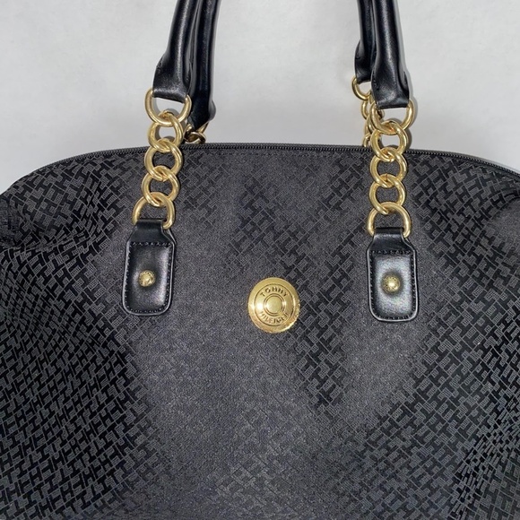 Tommy Hilfiger Black Gold Chain Bowler Large Satchel Handbag Tote Purse - Picture 1 of 10